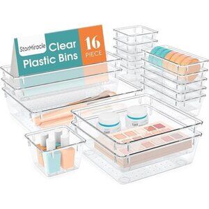 Clear Drawer Organizer Set 16 PCS Storage Bins for Makeup Jewelry Utensils
